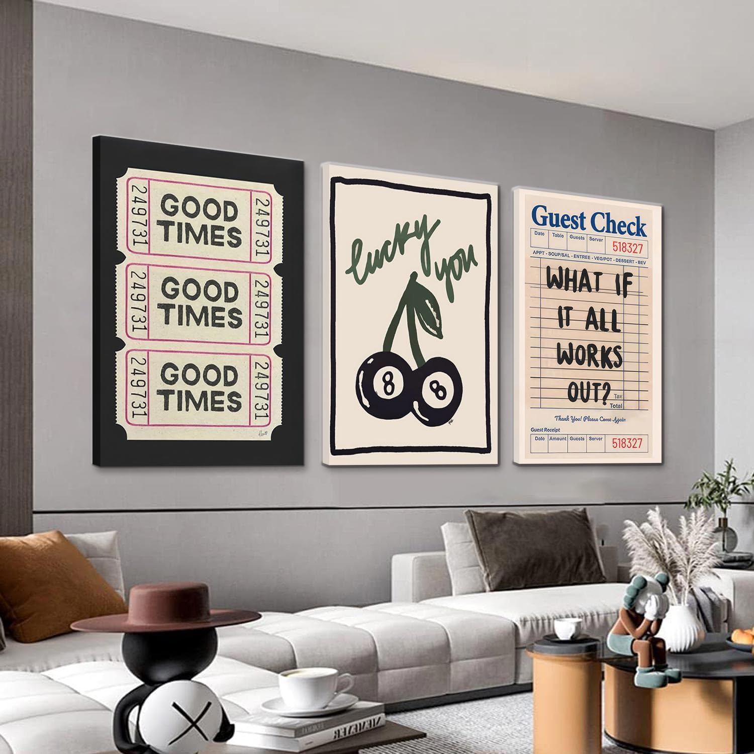 LYPHNX Framed Vintage Good Times Ticket Canvas Wall Art Retro Guest Check What If It All Works Out Prints Poster Set of 3 Luck You 8 Ball Cherry Painting Home Decor Picture for Bar Cart Dorm 12"x16"