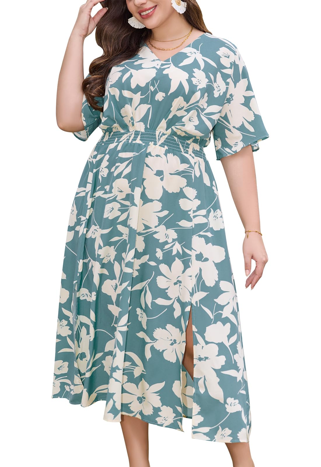 Keluummi Plus Size Summer Maxi Dresses for Curvy Women, Causal Boho Floral V Neck Empire Waist Dress with Pocket and Slit