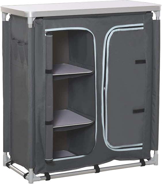 Outsunny Aluminum Camping Cupboard Camping Kitchen Station Cook Table with 3-Shelf, Storage Organiser for BBQ Party Picnics Backyards with Carrying Bag