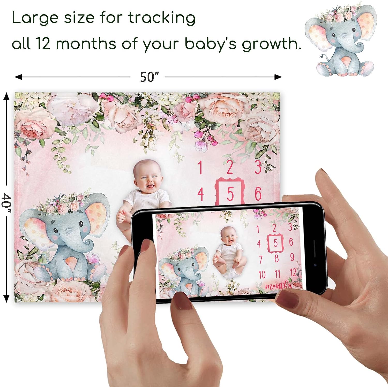 Yuzioey Baby Girl Monthly Milestone Blanket, Floral Elephant Month Blanket for Newborn Baby Shower, Pink Elephant Girl Flower Blanket Growth Chart Monthly Blanket, Includes Marker (50x40)