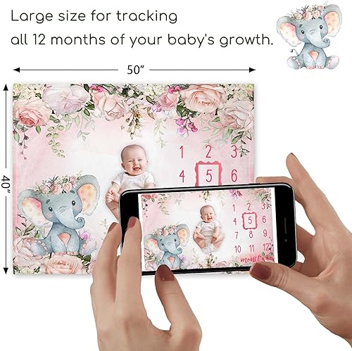 Miniatura 3 de Yuzioey - Manta mensual para bebé niña, diseño de elefante floral para baby shower, manta de flores con tabla de crecimiento mensual, incluye