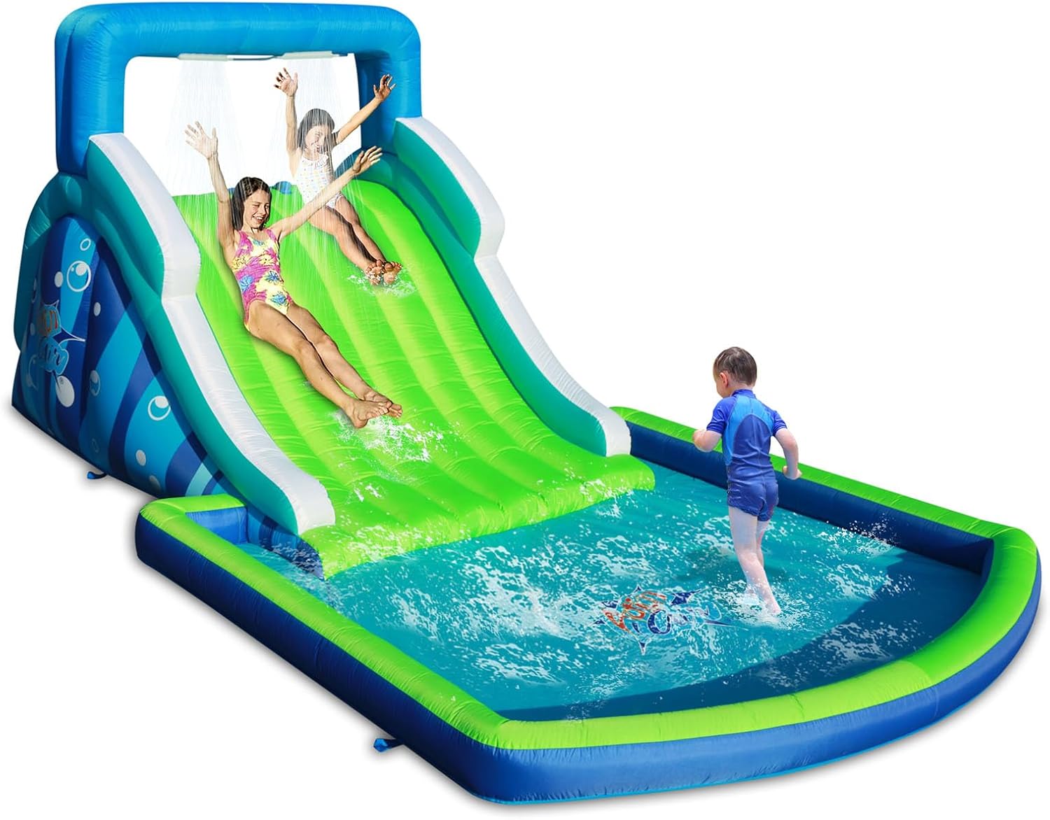 Action Air Inflatable Water Slide, Huge Blow Up Water Park with 102" Long Slide, Large Splash Pool, Climbing Wall and Top Water Sprays, Outdoor Backyard Water Play for Kids, 205" x 118" x 85"