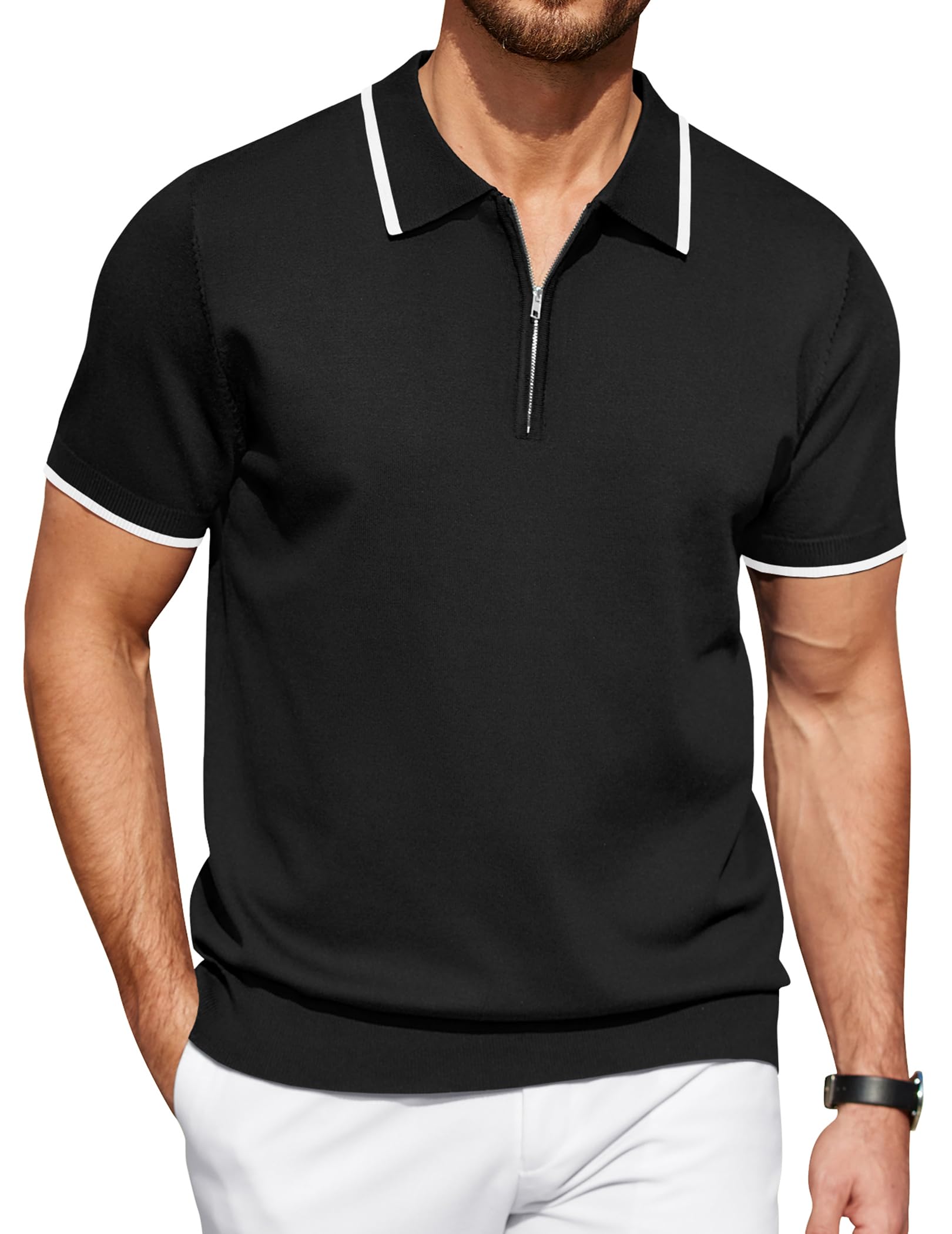 COOFANDY Men's Zipper Polo Shirt Casual Knit Short Sleeve Polo T Shirt Classic Fit Shirts