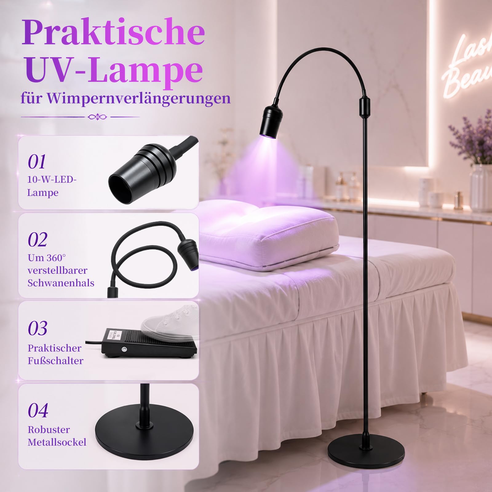 UV Wimpern Lampe, 10W LED-UV-Licht für Lichthärtenden Anwendungen, Schwanenhals Wimpernlicht, 1-3 Sekunden Schnelle Aushärtung, UV LED Lampe für Wimpernverlängerung mit Fußschalter