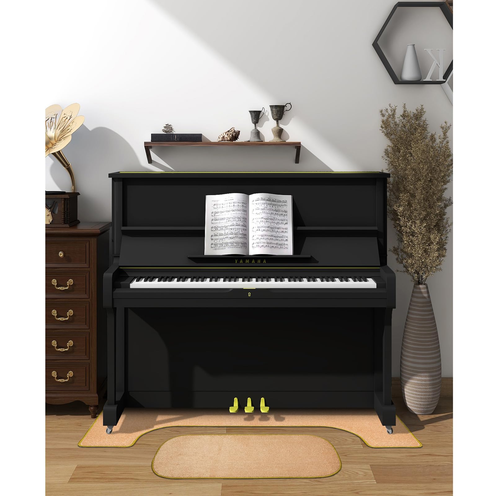 Tappetino per Pianoforte Verticale, Cuscinetti riduzione Rumore Pianoforte, Tappetino Antiscivolo, Cuscinetti Acustici, Tappeto Fonoassorbente Lavabili(Khaki)
