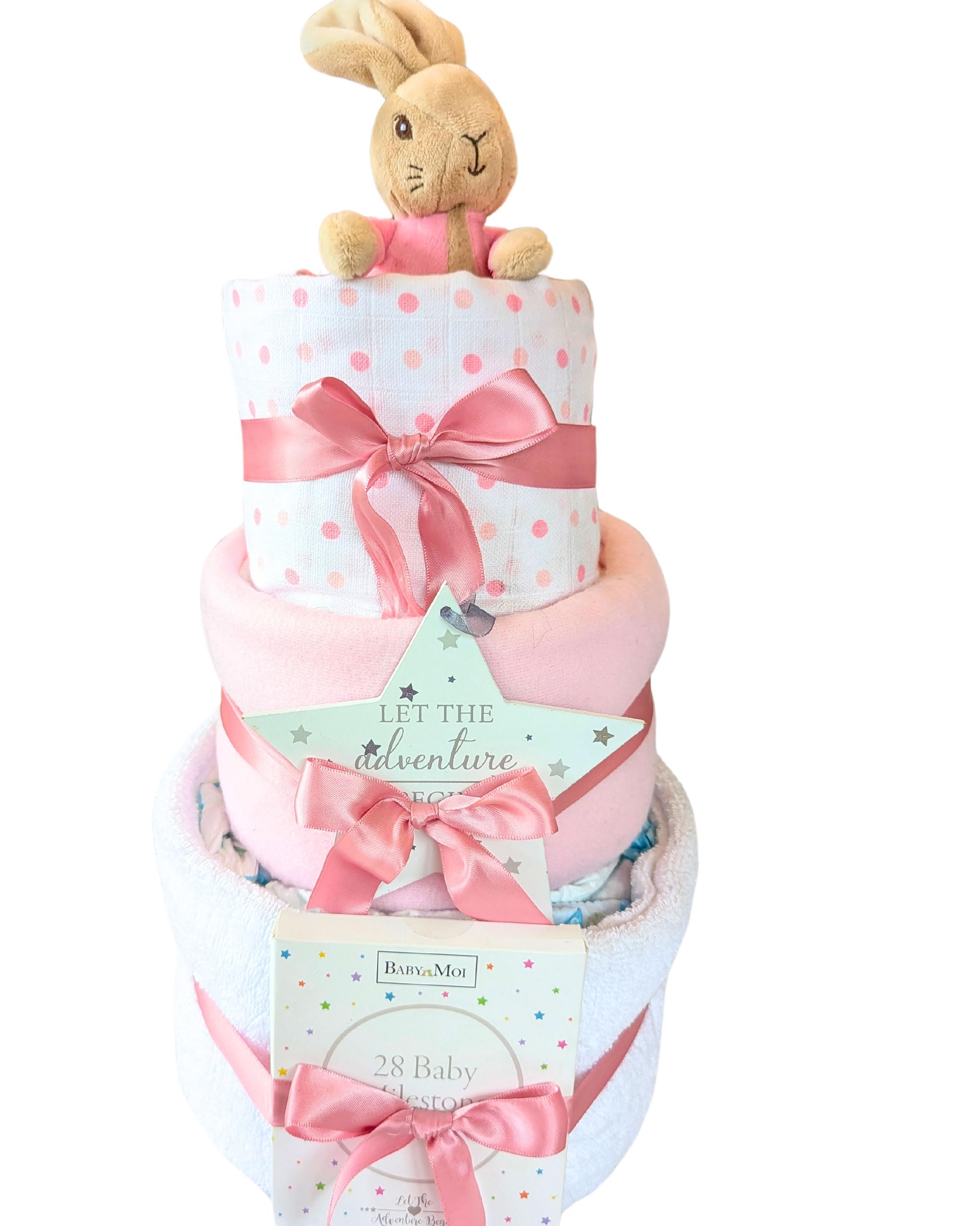 Flopsy Bunny Baby Gift Welcome to The World Baby Girl Gift & New Parents Gift for a New Born Baby Girl Pink 3 Tier Nappy Cake