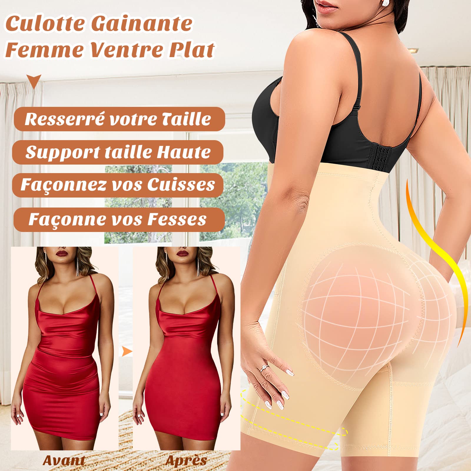 Culotte Gainante Femme Ventre Plat Invisible Short Gainant Taille Haute Gaine Amincissante Culotte Sculptante Pantalon Gainant Panty Gainant Anti Frottement Cuisse Dentelle Shorts sans Couture