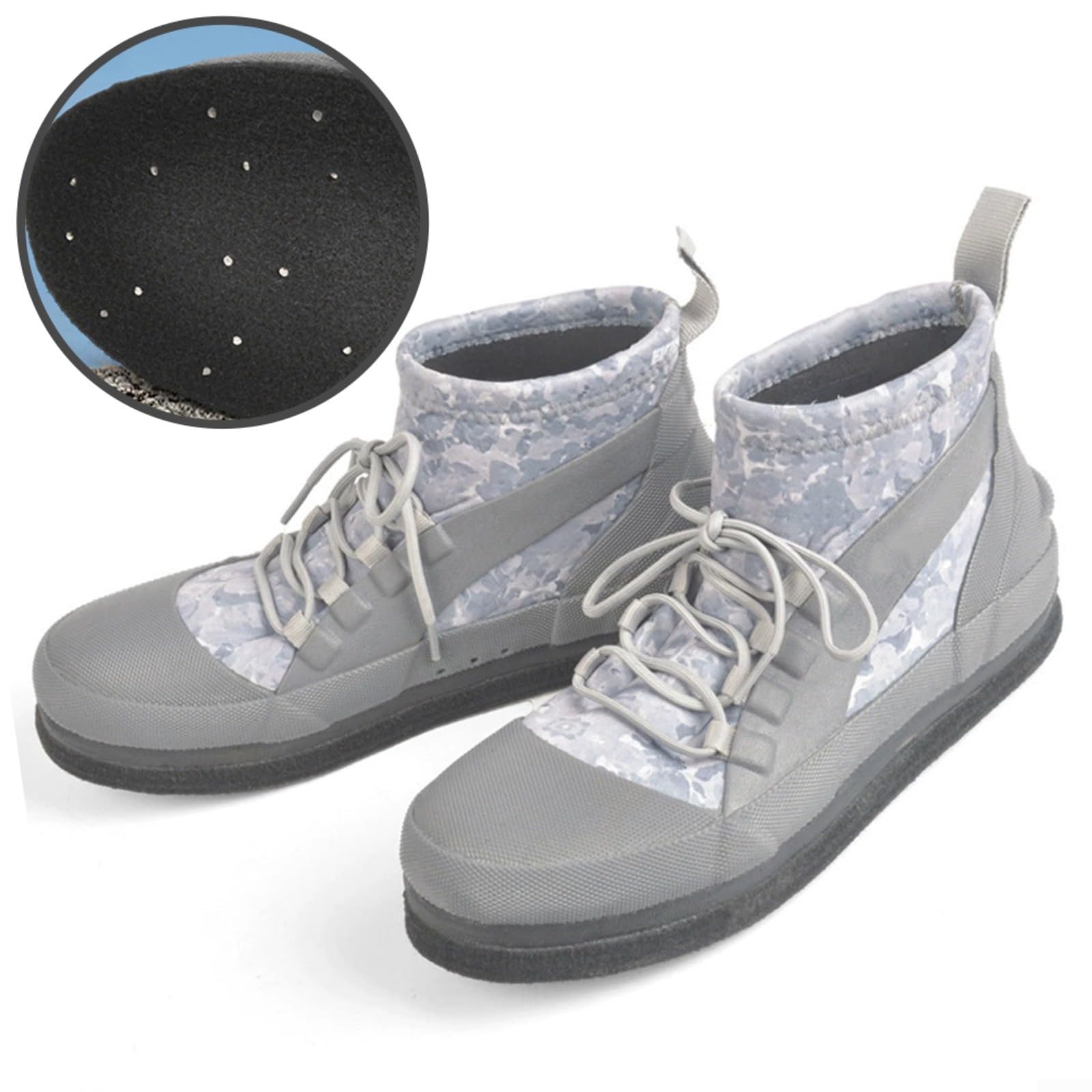 Zapatos acuáticos de pesca para hombre y mujer, suela de fieltro de goma antideslizante con clavos de acero, agujeros de drenaje para playa, escalada en roca, al aire libre, gris, talla 36