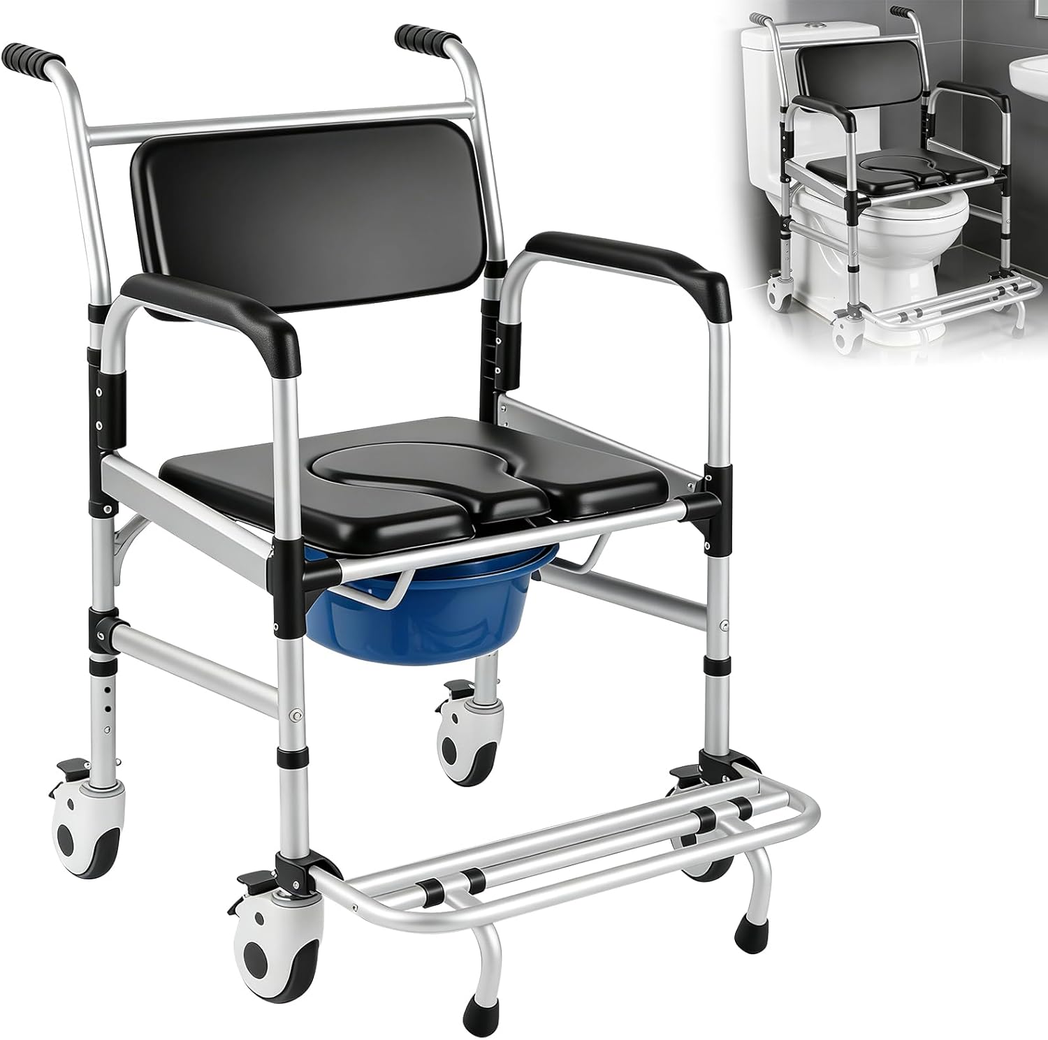 Bedside Commode with Wheels & Adjustable Raised Toilet Seat, Mobile Shower Chair with Handles for Elderly, Disabled & Pregnant, 330 lbs Capacity