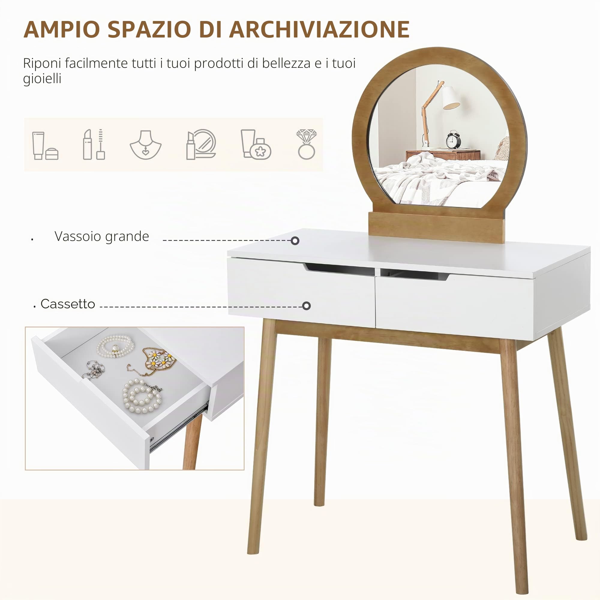 HOMCOM Tavolo da trucco con specchio, 2 cassetti e sgabello bianco pino chiaro