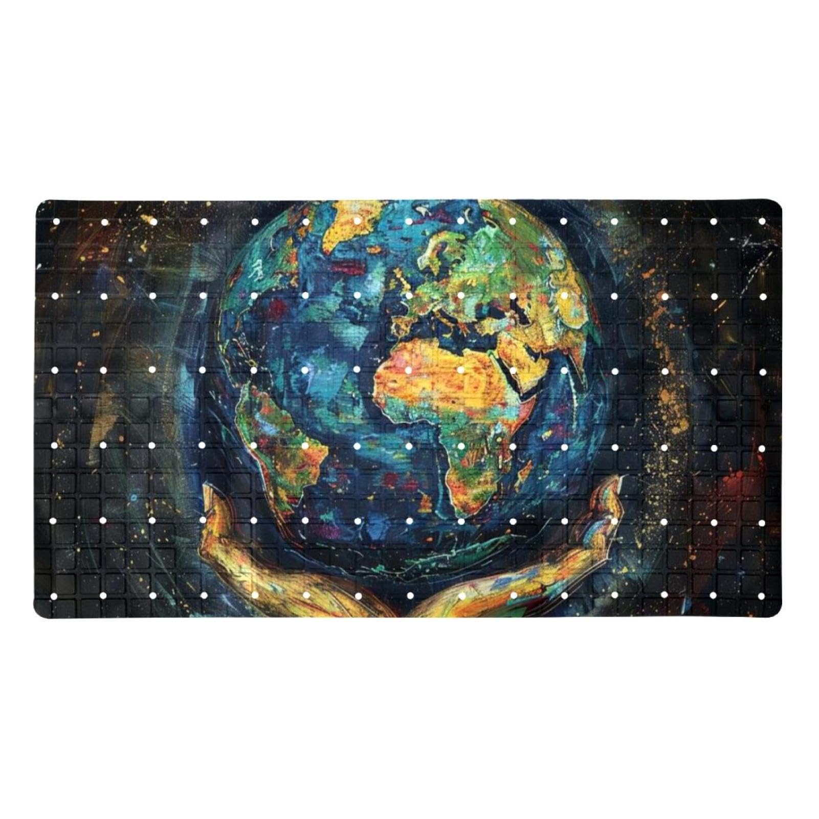 Tapis de bain antidérapant PVC extra long avec ventouses motif Art Holding Earth