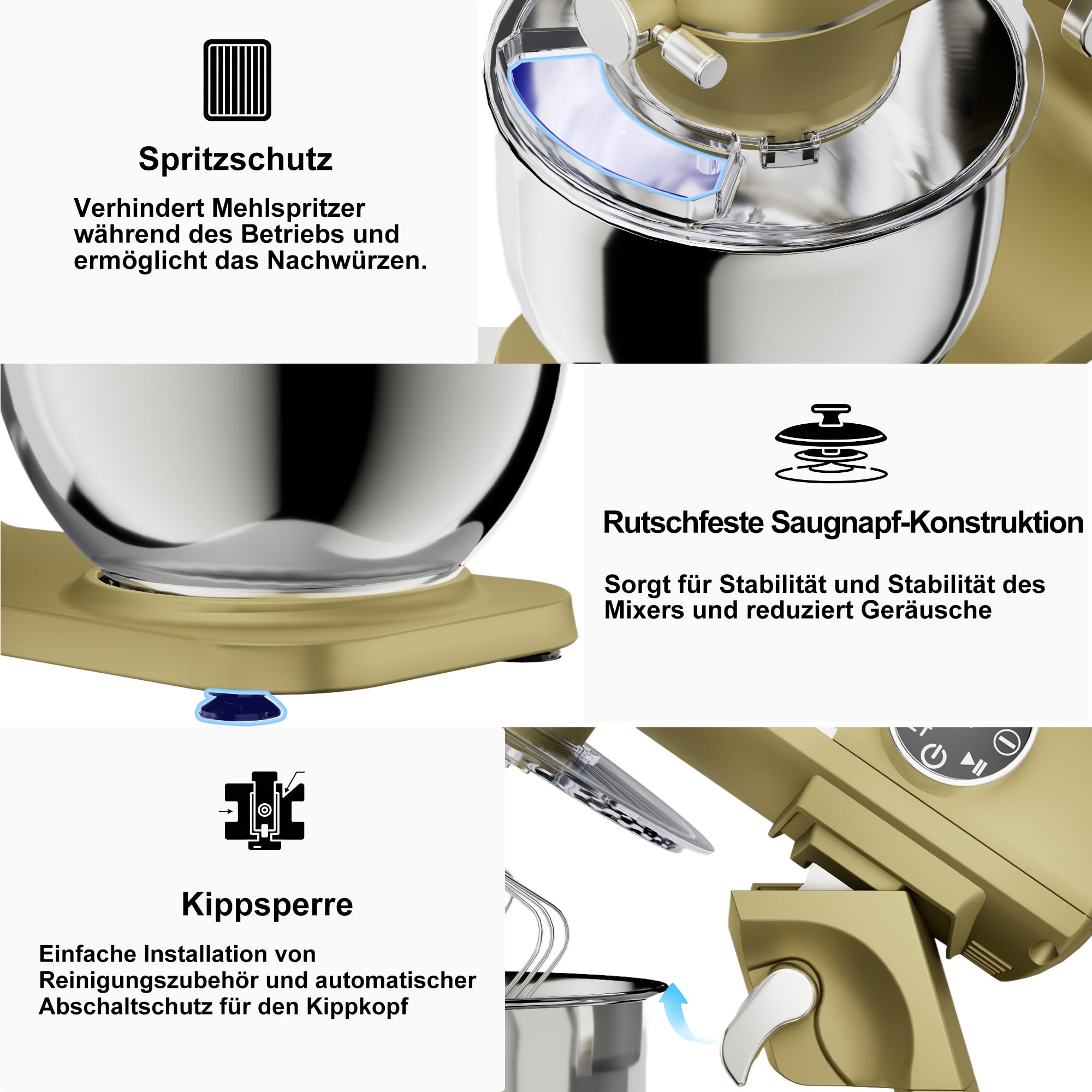Camic Küchenmaschine 1800W, 8L Knetmaschine aus Vollmetall mit 10 Stufen, digitaler Touchscreen, Timer, Teigmaschine mit Schneebesen, Knethaken und Rührbesen zum Backen von Kuchen, Keksen und Brot