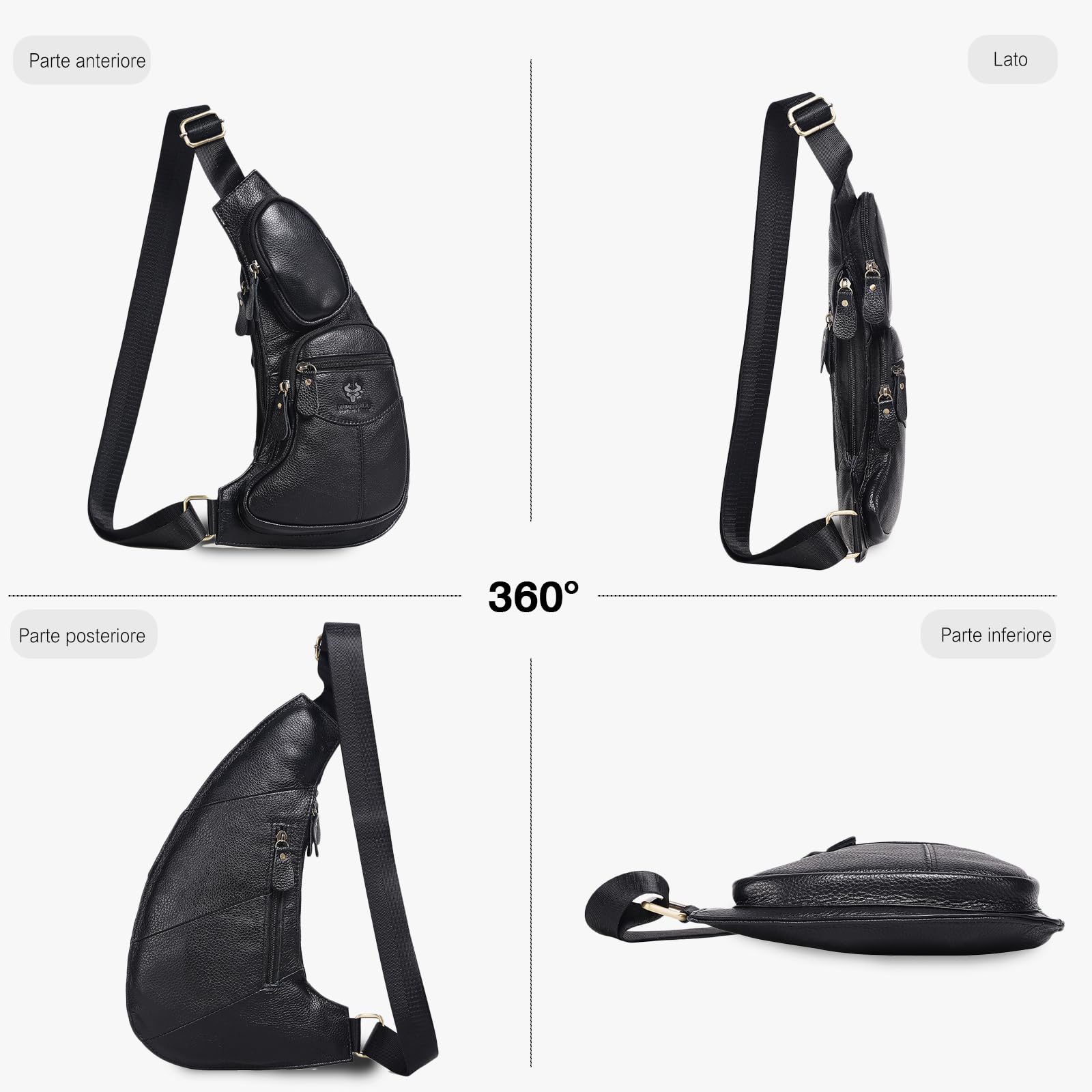 FANDARE Uomo Zaino Monospalla Borsa a tracolla in pelle Marsupio versatile da lavoro con tracolla regolabile, zainetto da viaggio impermeabile per uso quotidiano, piccola borsa laterale maschile