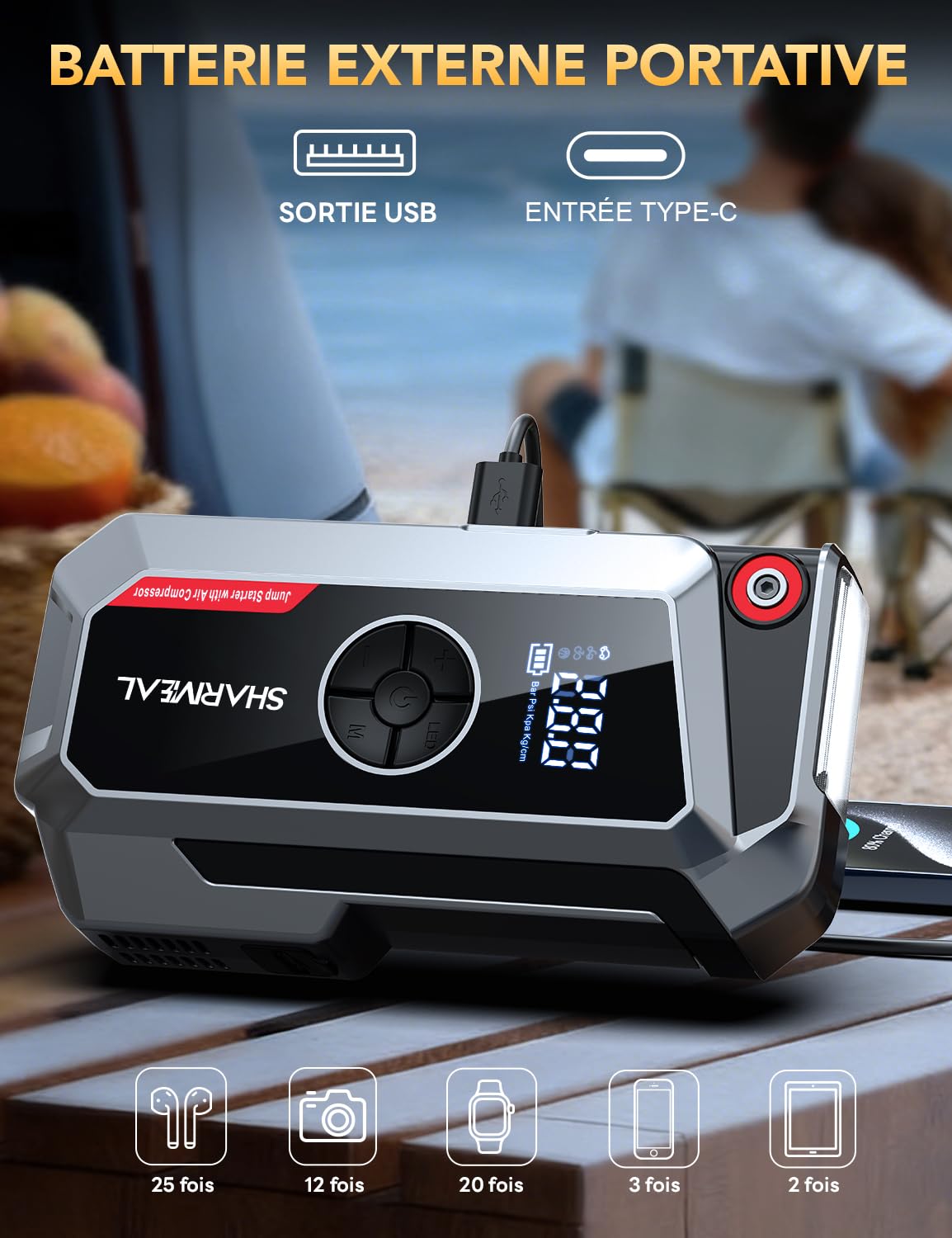 SHARMEAL Avviatore Batteria Auto con Compressore 250PSI, 10000A Booster Avviamento Auto (Tutti Gas/10.0L Diesel), Avviatore Emergenza Starter Batteria con Torcia a LED