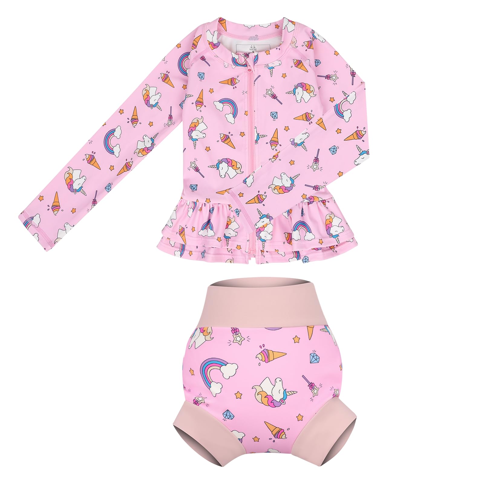 MOEMOE BABY Swimming Costume Toddler Long Sleeve Swimsuit Kids Rash Guard Two Pieces Swimming Suit Girls Swimwear with Swim Nappy,2 Years,S,Pink Unicorn