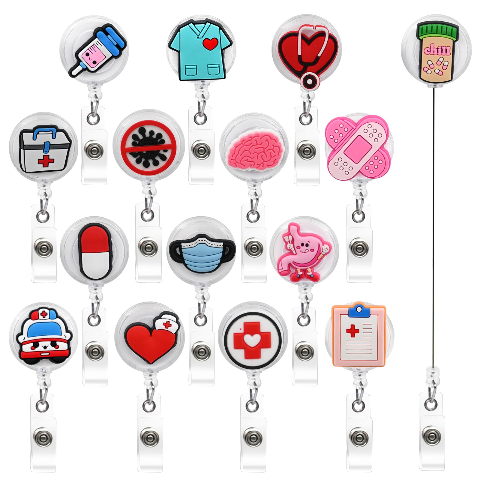 15 PCS Nurse Badge Reels, Medical Badge Reel Retractable, Funny Nursing Gifts for Nurses Doctor Medical Student Assistant Appreciation, Cute ID Holder