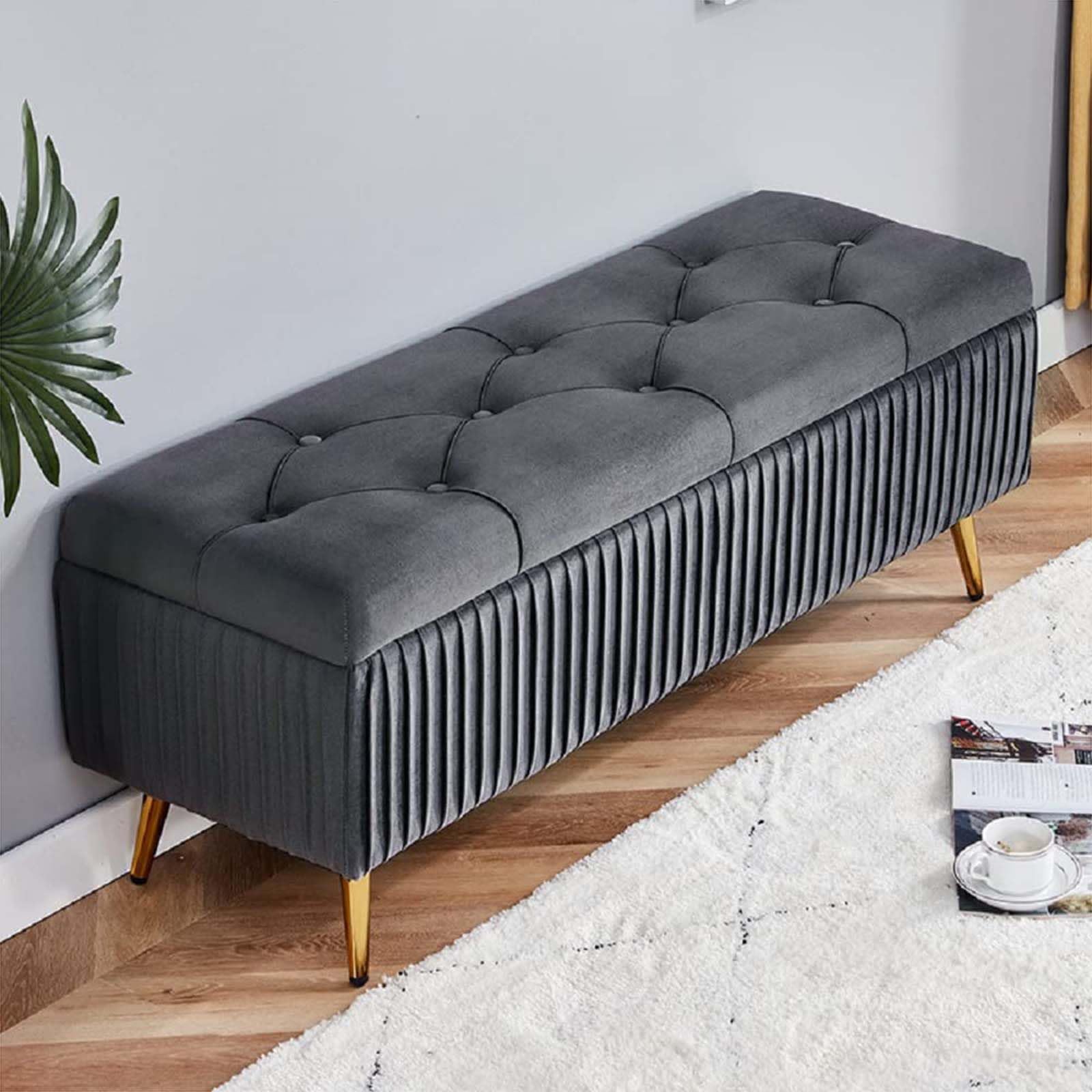 Banc de chambre en velours 80cm avec rangement élégant et pieds métal
