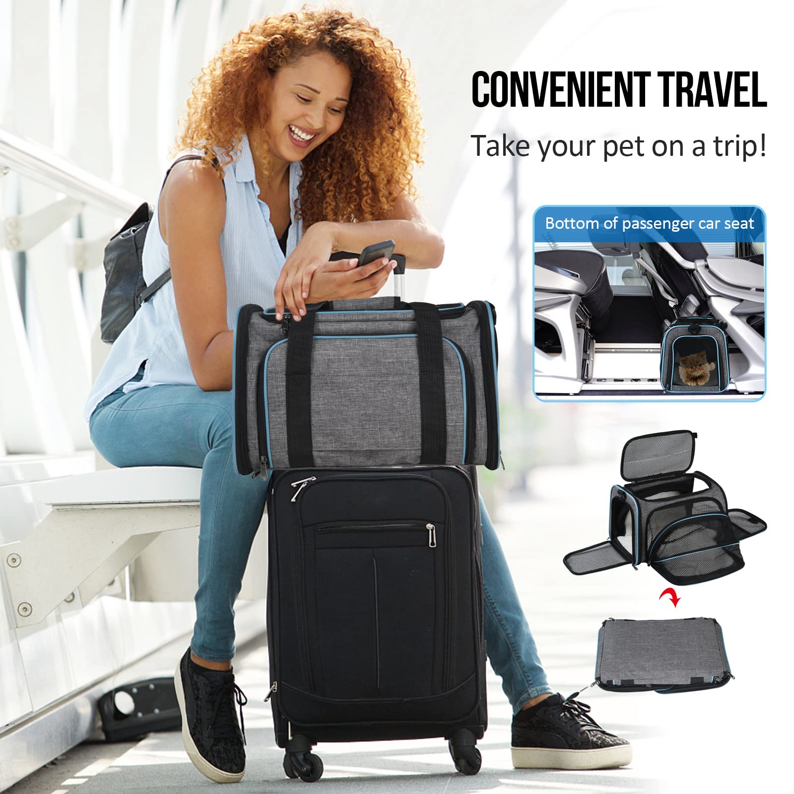 Transportín Gato Perro Extensible，Bolsa de Transporte para Mascotas Plegable Transpirable，con Colchón Suave y Hebilla de Seguridad para Coche Avión Viaje Tren-Gris