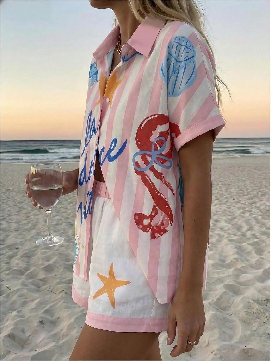 Verdusa Women's 2 Piece Vacation Outfits Button Up Striped Shirt with Mini Shorts Matching Sets
