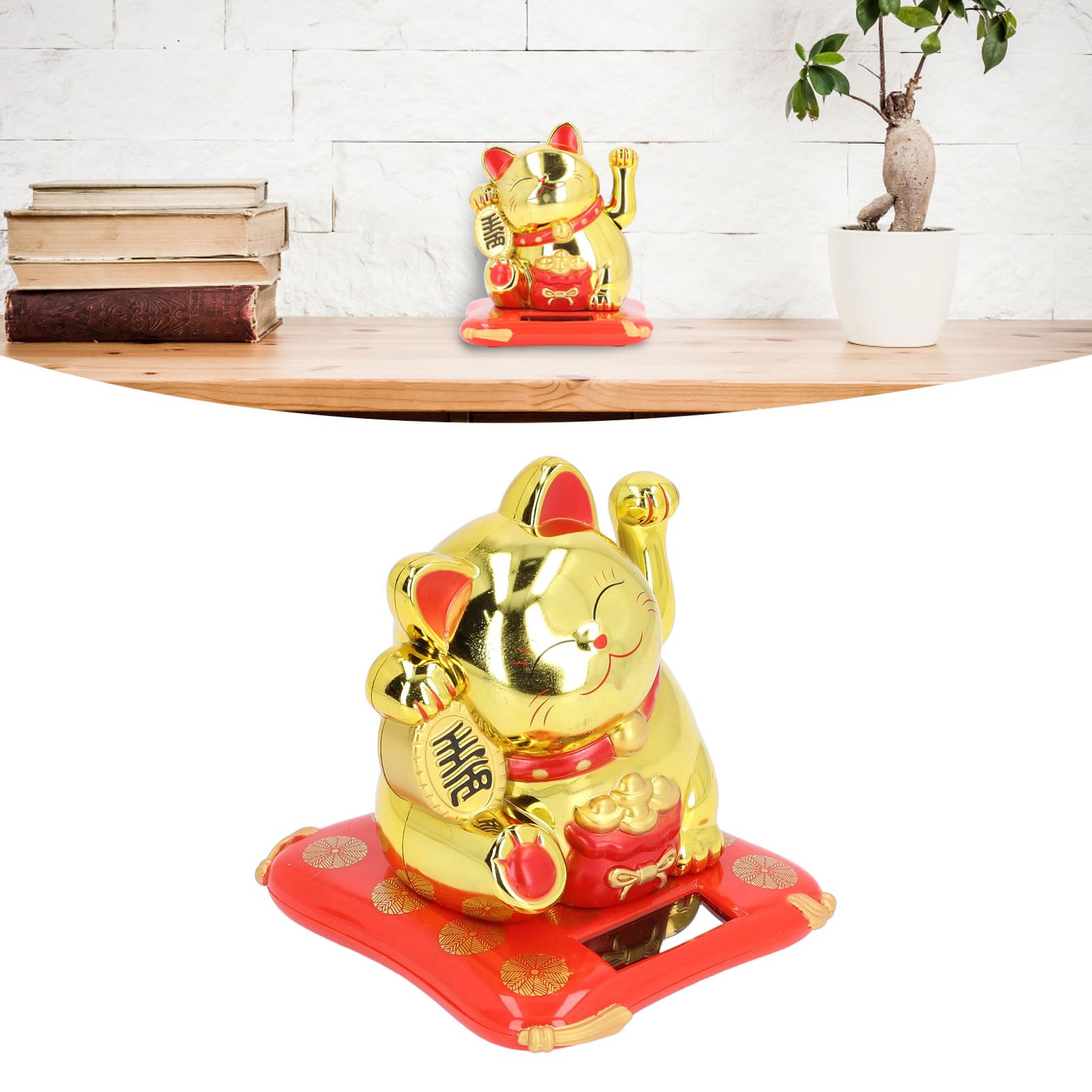 AMAKO Lucky Waving Cat Solar Power Arm Waving Fortune Cat Wealth Welcoming Ornament for Car Cashier Desk Office Home Plastic Lifelike Handcrafted Decorative Gift
