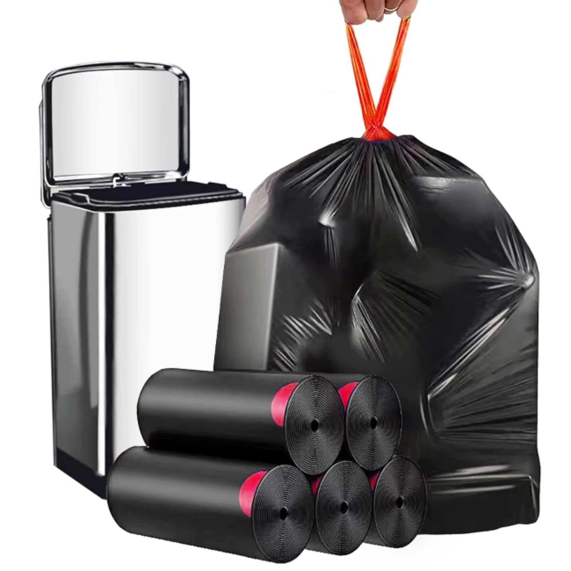 CLEONEST Drawstring Garbage Bags | Medium | 120 Count | 30 Bags X 4 Rolls | 45x45 CM | For Dry & Wet Waste | Black with red string-image-43