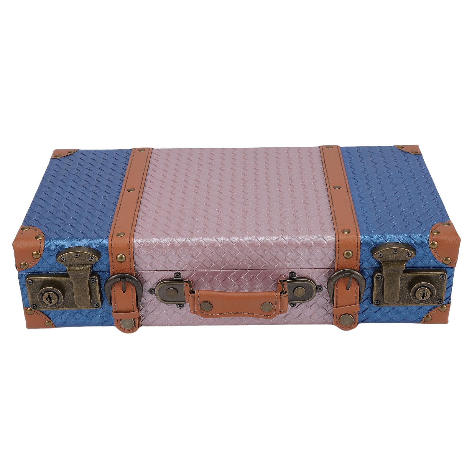 Baúl Decorativo, Cofre De Maleta De Madera Compuesta De Cuero De PU con Patrón Tejido Rosado Azul, Accesorio De Fotografía De Exhibición para Almacenamiento En El Hogar, (S)