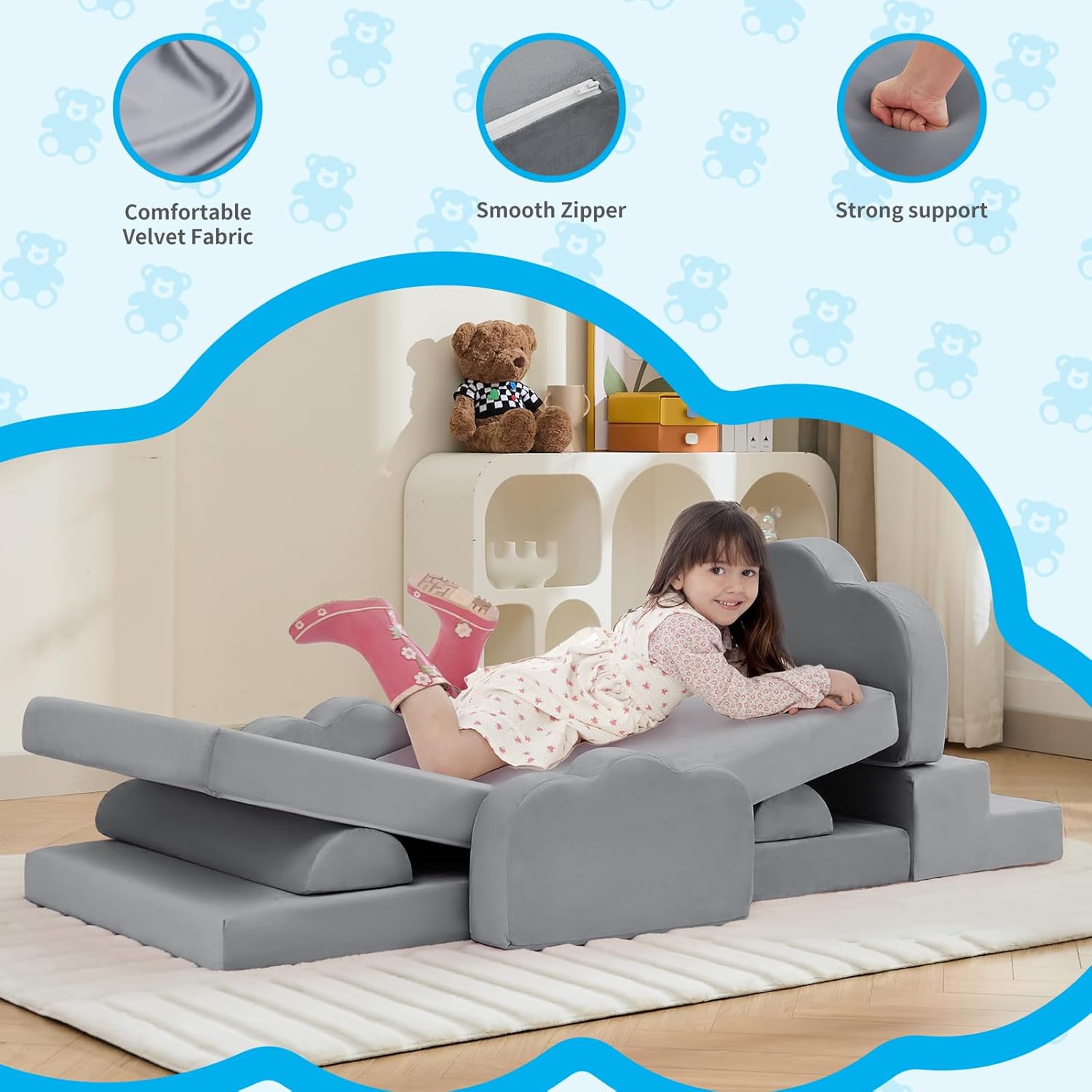 TABU Modular 10Pcs Modular Play Couch - Versatile Building Fort Sofa with Removable Covers, Creative DIY Playset for Playrooms & Bedrooms (Gray)