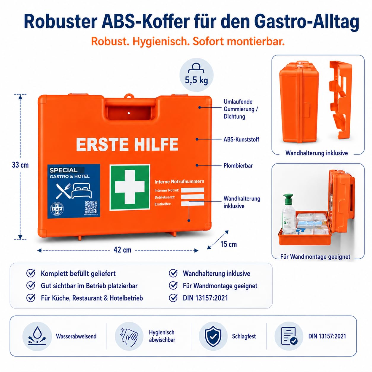 FAP Erste-Hilfe-Koffer Gastronomie Hotel DIN 13157 gefüllt - Orange| Detect-Pflaster HACCP & Burngel | Gastro Küche Restaurant ABS Kunststoff, Betriebsverbandkasten Wandhalterung - 33×42×15 cm