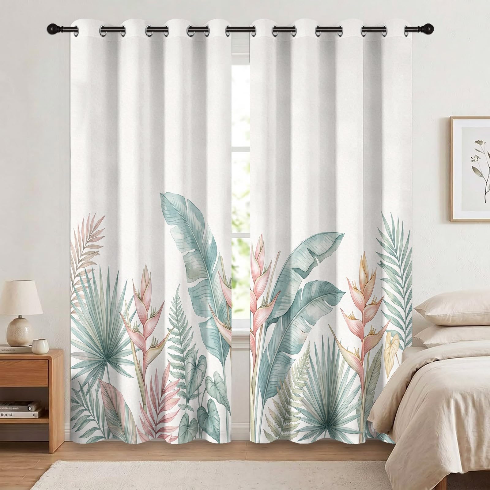 Rideau Occultant Motif Tropical Plantes - Beige Rideaux Thermiques Imprimé Aquarelle Banane Feuille pour Salon Chambre Fenetre, Lot de 2 Rideaux et Draperies Intérieurs à Oeillets, 140L X 240H cm