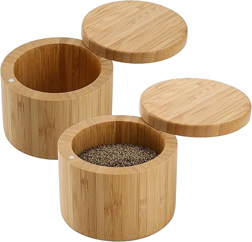 Tosnail Paquete de 2 cajas de bambú para sal y pimienta, tarros de especias, contenedores de especias con tapa giratoria y cierre magnético,