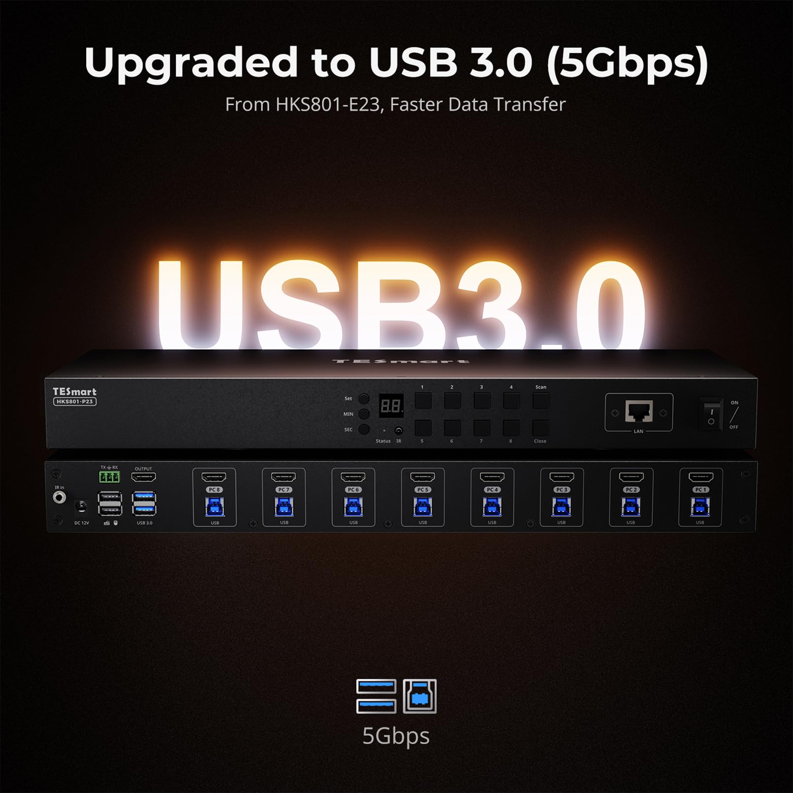 TESmart 4K@60Hz HDMI KVM Switch 8 Porte, HDMI 2.0 e USB 3.0, Switch KVM per 8 PC e 1 Monitor, EDID, Hotkey, Modalità Auto-Scan e Auto-Detect, LAN/RS232, Telecomando IR, Include 8 Cavi KVM PC