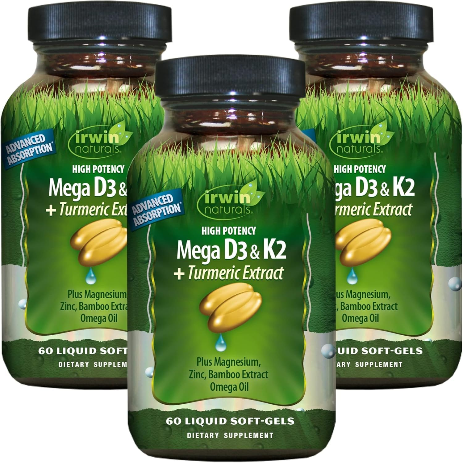 Irwin Naturals Mega D3 & K2 + Turmeric Extract | High Potency (3 Pack) 60 Count (Pack of 3)