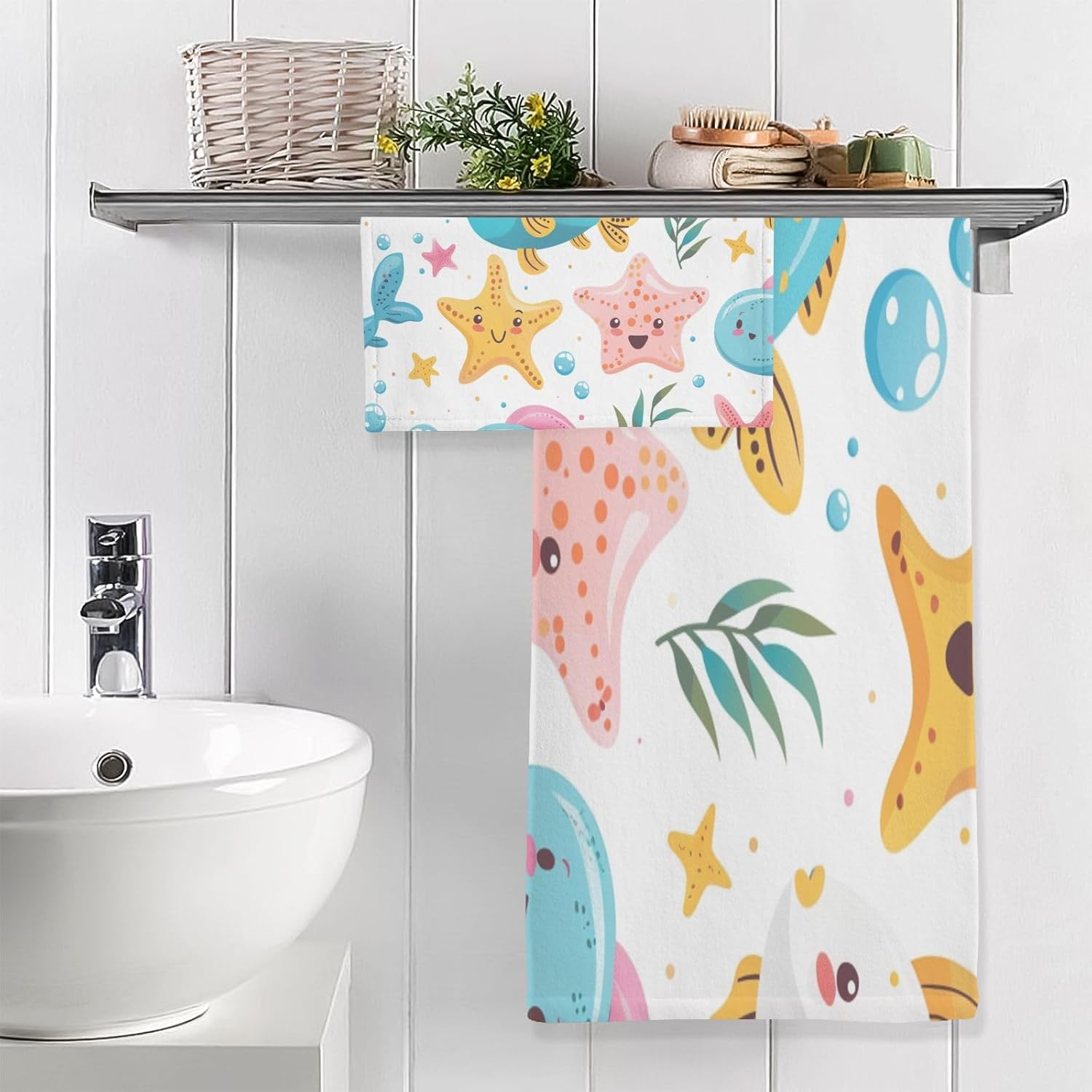 Hand Towels Premium Soft and Highly Absorbent Cute Cartoon Sea Creatures 2 Pcs Towels for Bathroom Set 100% Cotton Decorative Face Towels