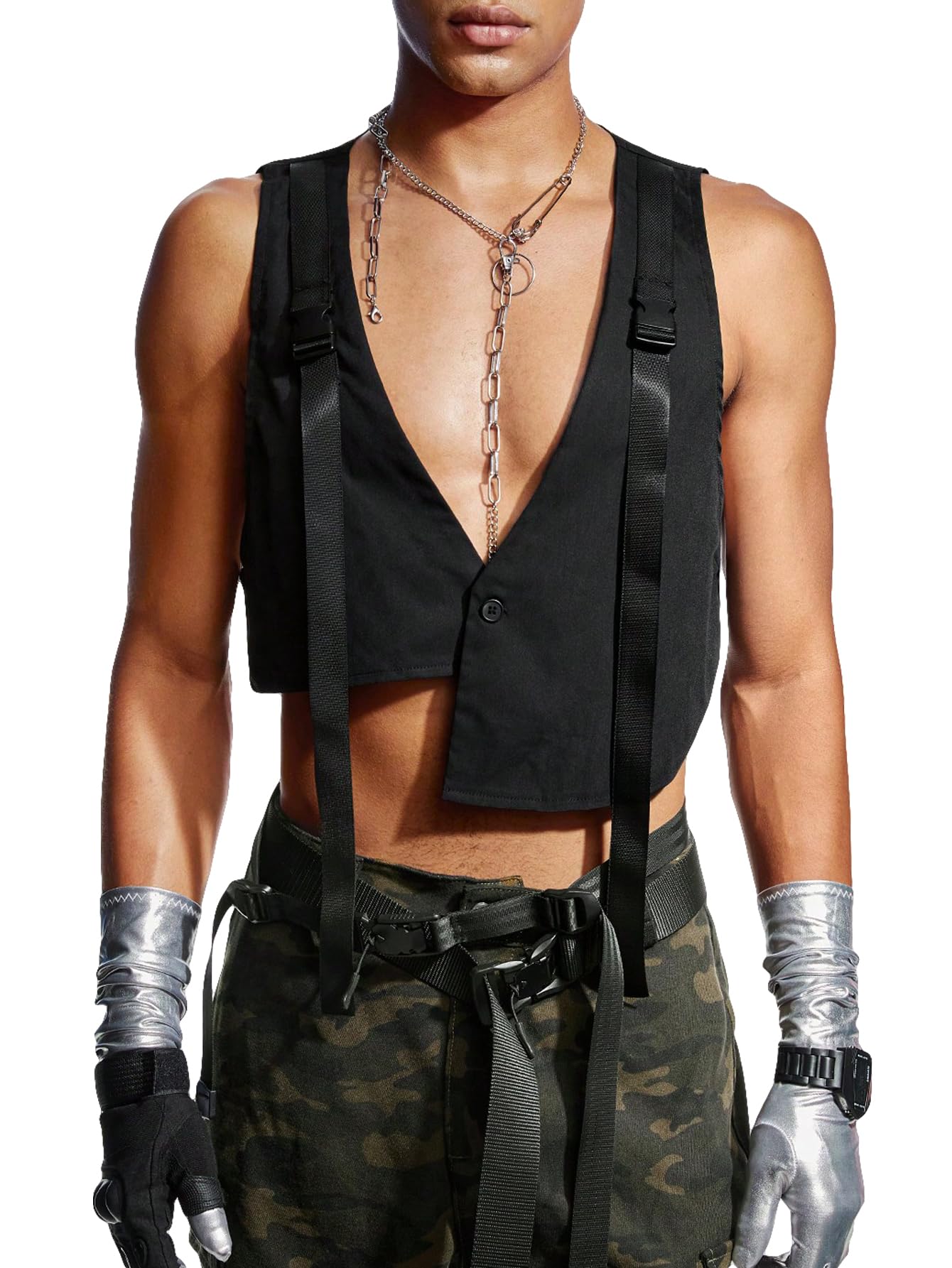 WDIRARAMen's Deep V Neck Cargo Vest Jacket Button Down Straps Streetwear Sleeveless Coat Outerwear
