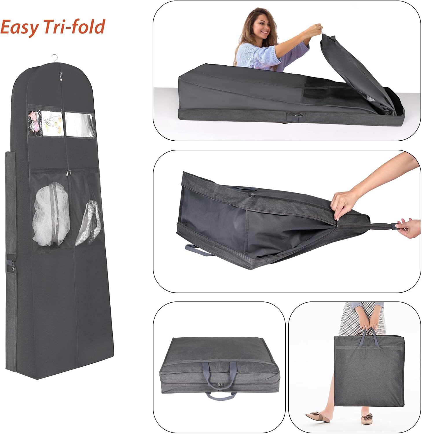 Univivi Portable Wedding Dress Garment Bag, 72 Inch Trifold Bridal Dress Bags for Gowns Long with 12'' Gusseted and Accessory Pockets, Dress Cover for Wedding Dress, Evening Gowns (Grey)