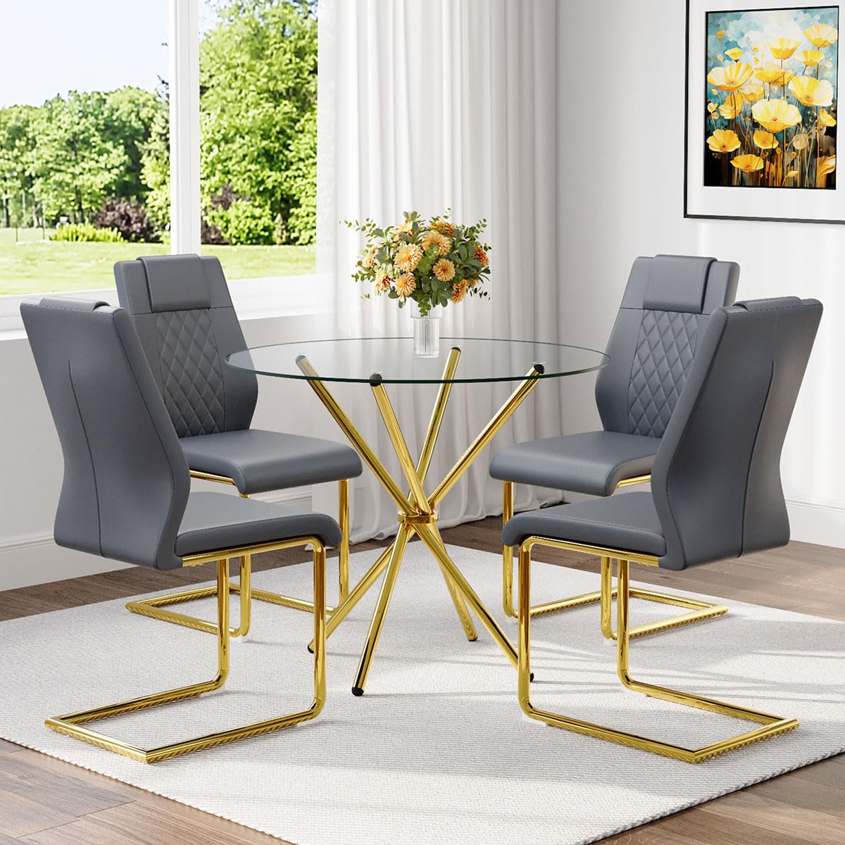 Vohuai Tempered Glass Dining Table Set for 4, 36.6” Round Table Set with Gold Metal Legs, Space-Saving Kitchen Dining Room Set with Chairs