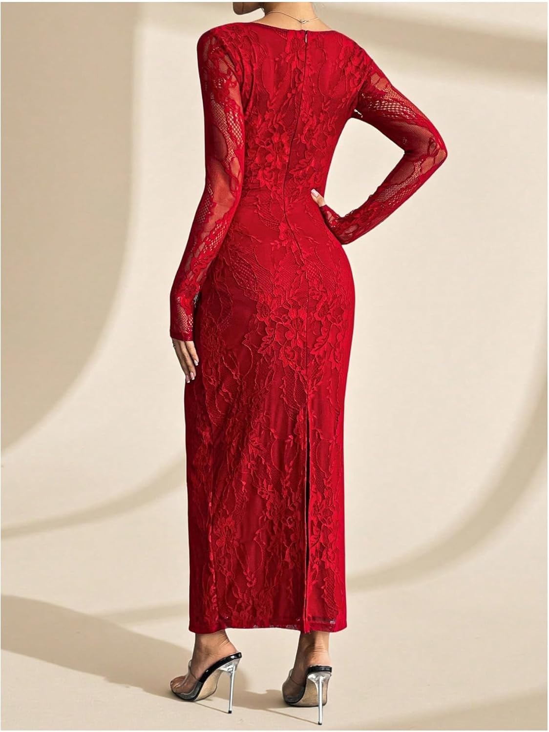 OYOANGLE Women's Floral Lace Slit Back Fishtail Long Dress Square Neck Cocktail Bodycon Dresses - Image 3