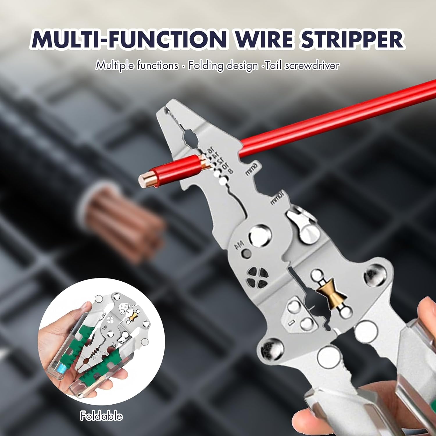 8 in 1 Foldable Ｗire Stripper, 2025 New Multifunctional Wire Strippers with Voltage Detector, Wire Stripping Pliers for Cutting And Pulling Wires Cable, Cable Cutters with Plier, Crimper (B-1 Pcs)