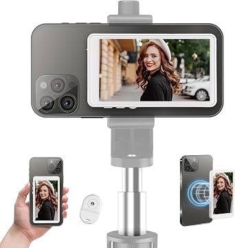 4.02" Magnetic Vlog Selfie Monitor Screen iPhone, Back Camera Selfie Screen with Remote Controller, Vlog Magnetic Video Recording for iPhone, Wireless Screen Mirroring, Compatible with iPhone Android