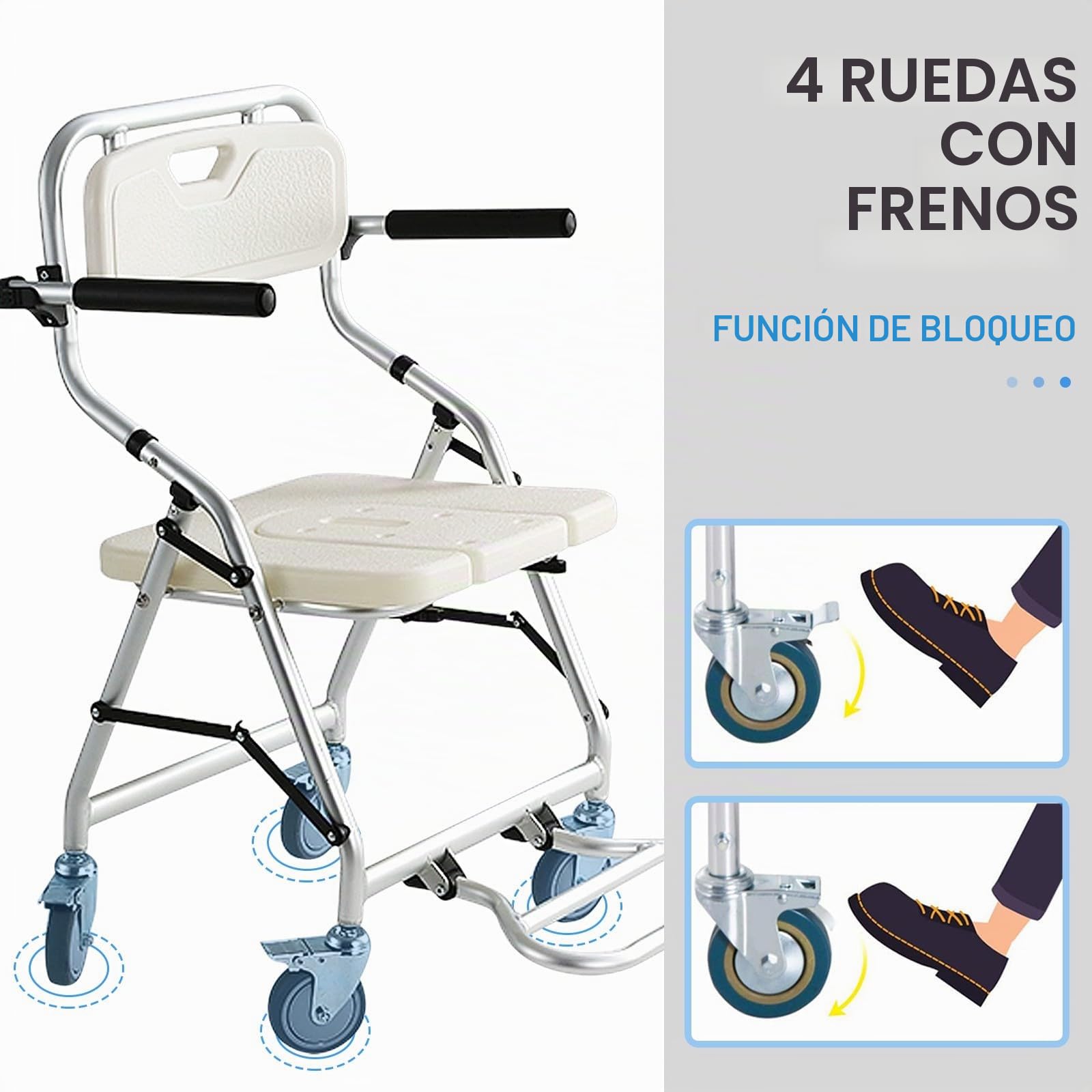Silla Ducha Personas Mayores, Sillas de Ruedas para Ducha, Blanco | Silla para WC y Ducha con Pedales Antideslizantes, Silla Baño Ancianos Ducha con Cojín de Asiento Suave, 4 Ruedas con Frenos