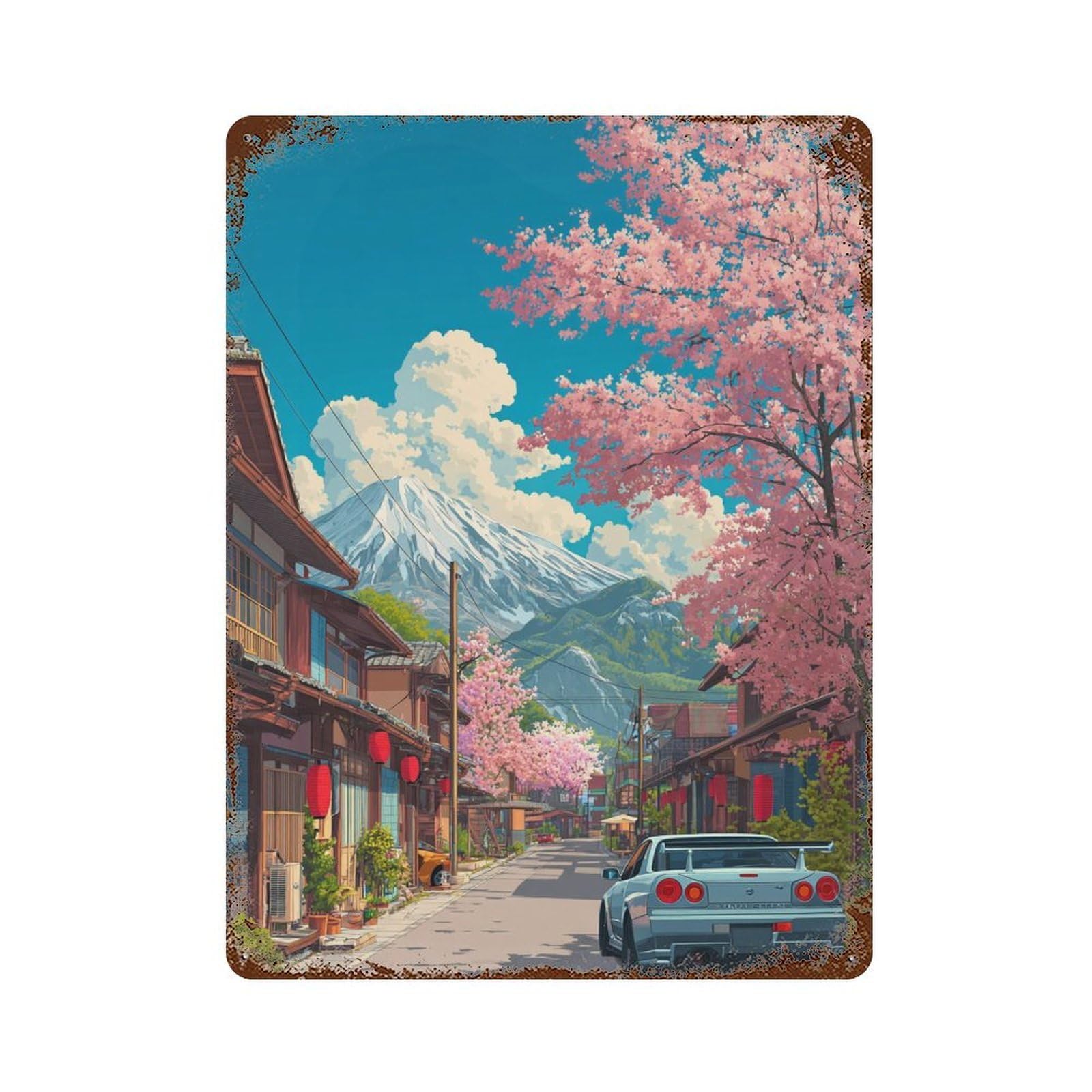 Cherry Blossom Street Scene Aged Metal Wall Plaque 15.7"x11.8", Classic Wall Plaque for Garage, Pub Or Kitchen