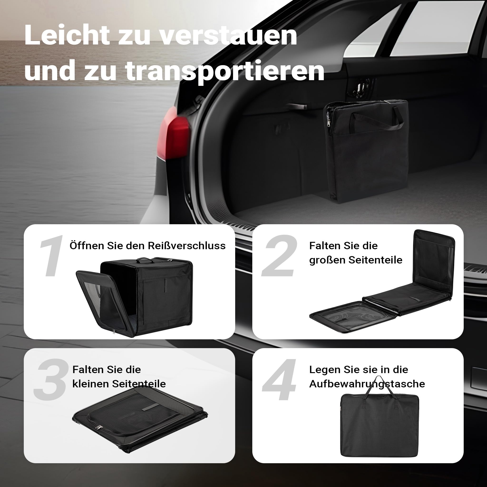 Wiltec Faltbare Transportbox für Hunde, Katzen M (58x46x53 cm), robust, leicht, sicher, Hundebox mit entnehmbarem Kissen, Schwarz