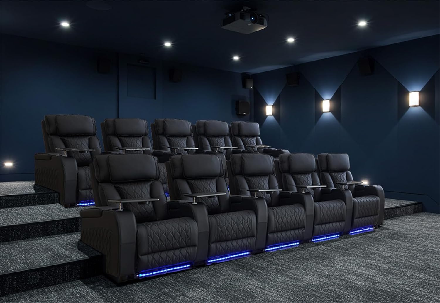 Airadlis Home Theater Seating Top Grain Leather, Movie Theater Chairs Theater Recliner Sofa with Dual Power Ergonomic Design 7 Colors Ambient Lighting Tray Table Type-C USB Charge (Black, Row of 5)