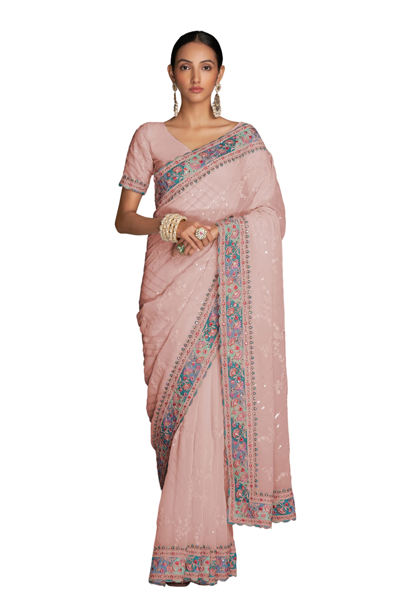 FUSIONIC Peach color designer celebrity saree with blouse.