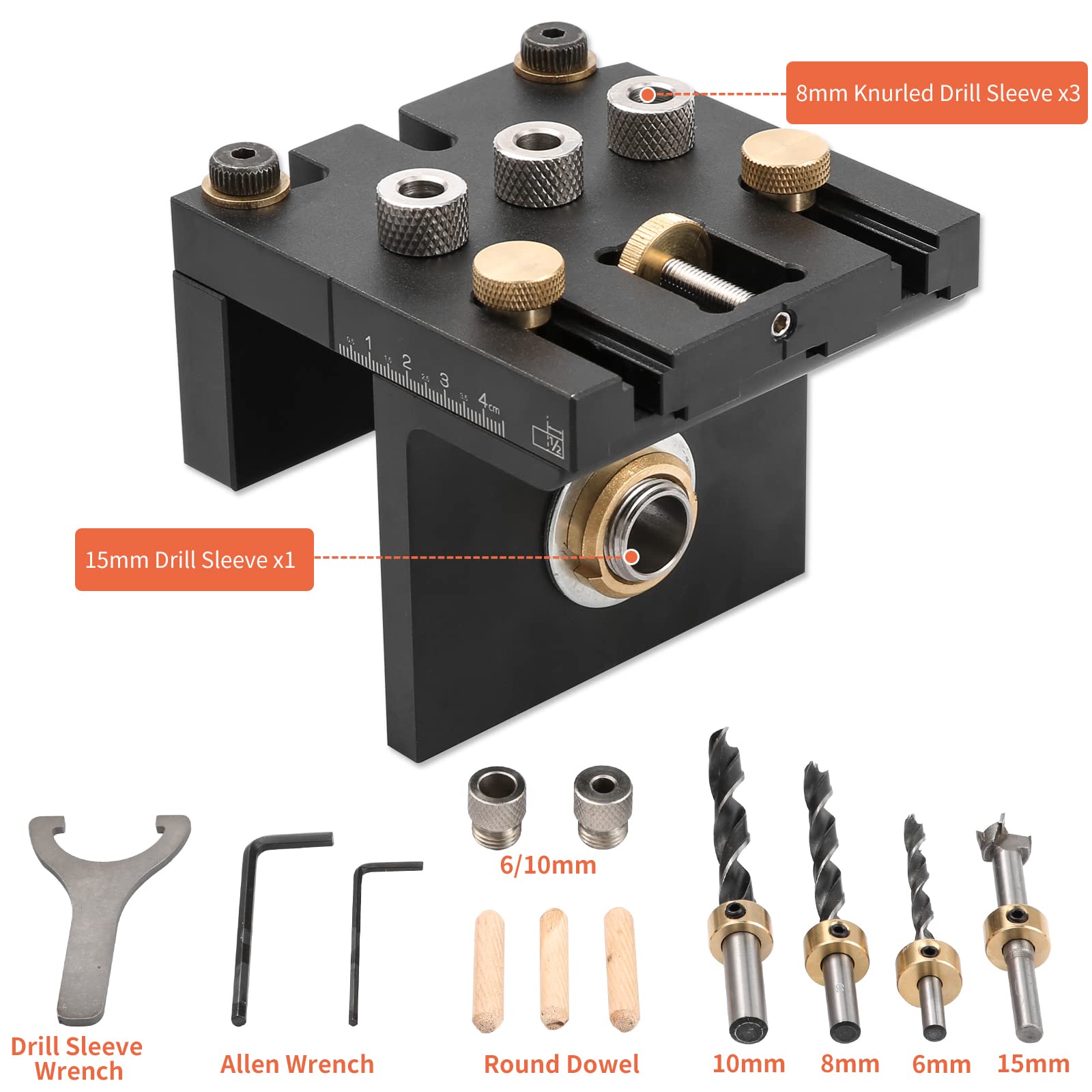 6/8/10/15mm Maschera di foratura per costruzione di mobili, pratico ausilio per tasselli, 3-in-1 Jig per doweling per lavorazione del legno, buchi per tasselli precisi con clip di