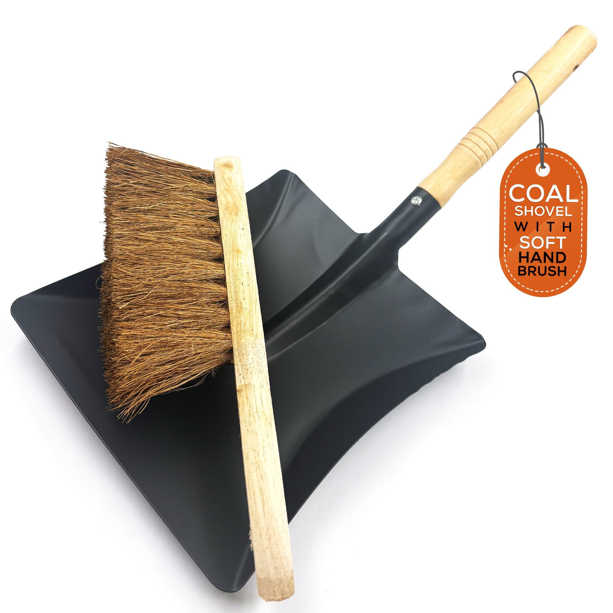 Strong Metal Coal Shovel Heavy Duty with Soft Hand Brush, Coal Bunker Ash Shovel Ideal for Fireplace Cleaning, Metal Dustpan and Brush Set for Ash, Coal, Home Fire Tools