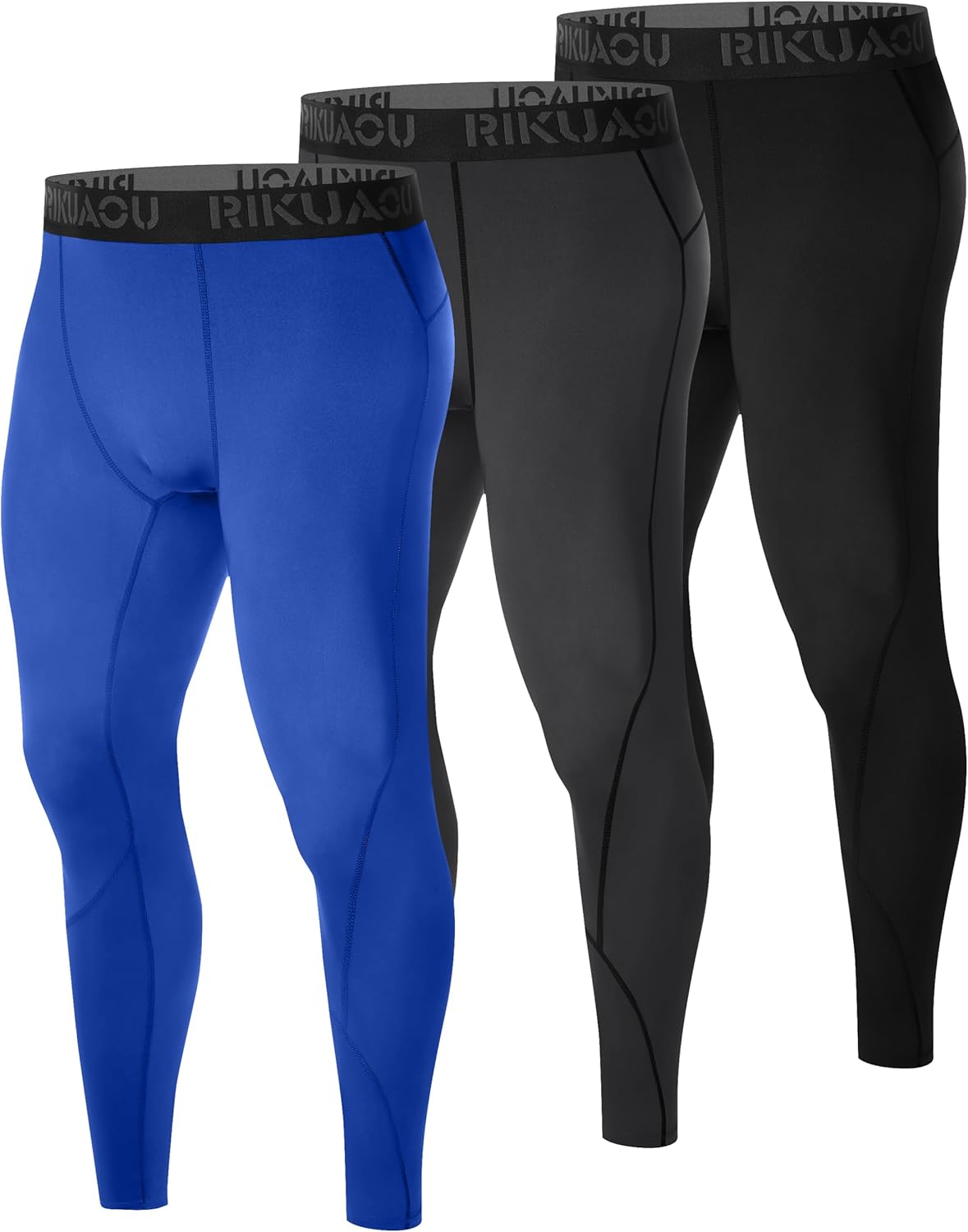 RIKUAOU 3 Pack Men's Compression Pants, Athletic Leggings Base Layer, Cool Dry Workout Tights for Running Sports Gym