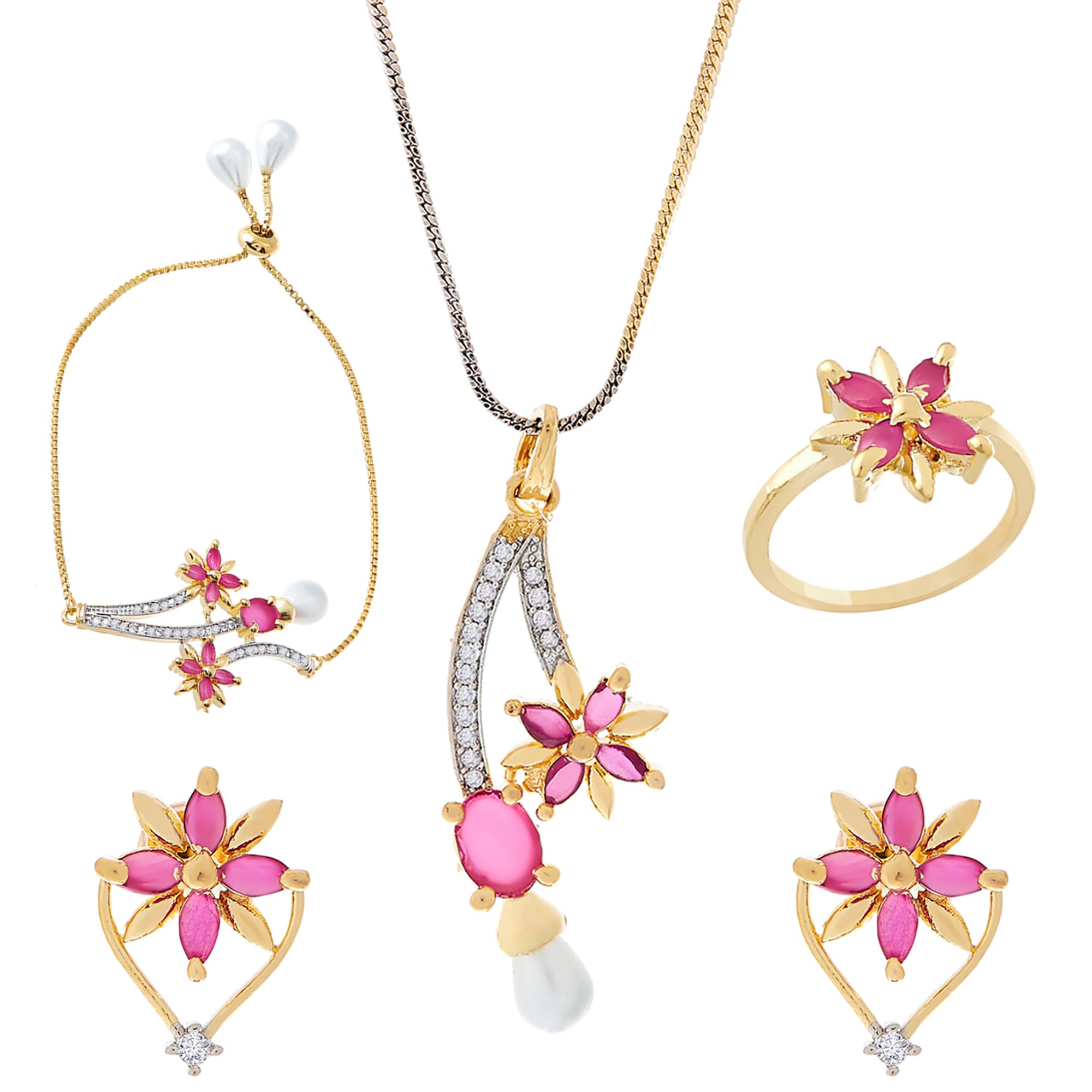 ZENEME Stunning Cubic Zirconia 18K Gold Plated Elegant Pendant Set With Bracelet Ring Jewellery For Women & Girls (Red) (B08354S7WZ) Amazon Price History, Amazon Price Tracker