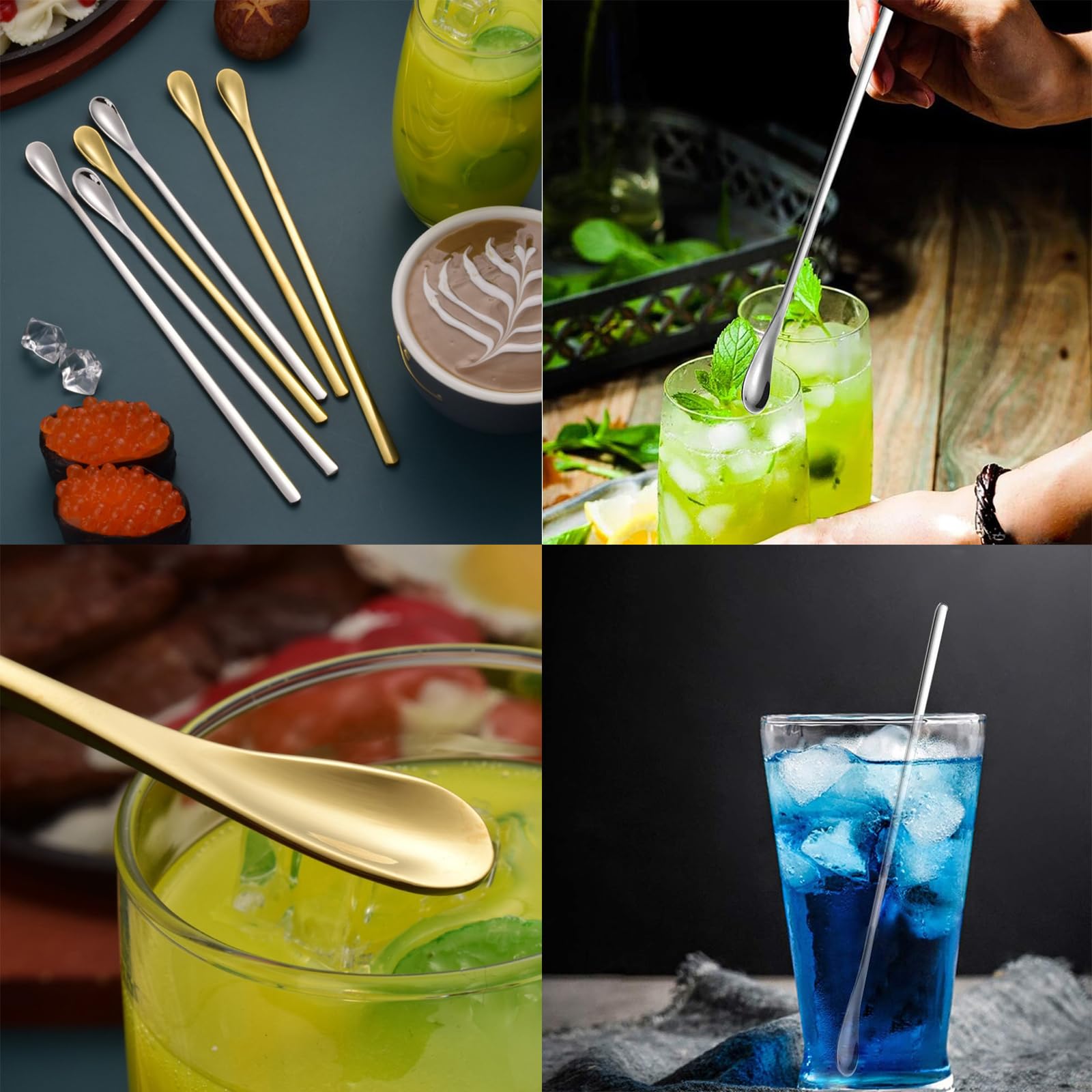 hobbyme Set of 6 Long Stainless Steel Cocktail Stirrers with Thick-handle for Stirring Cocktail Drink Swizzle Stick Beverage Coffee, Stirring Spoon- Tiny Salt Condiment Spoon,7.6in&10.3in