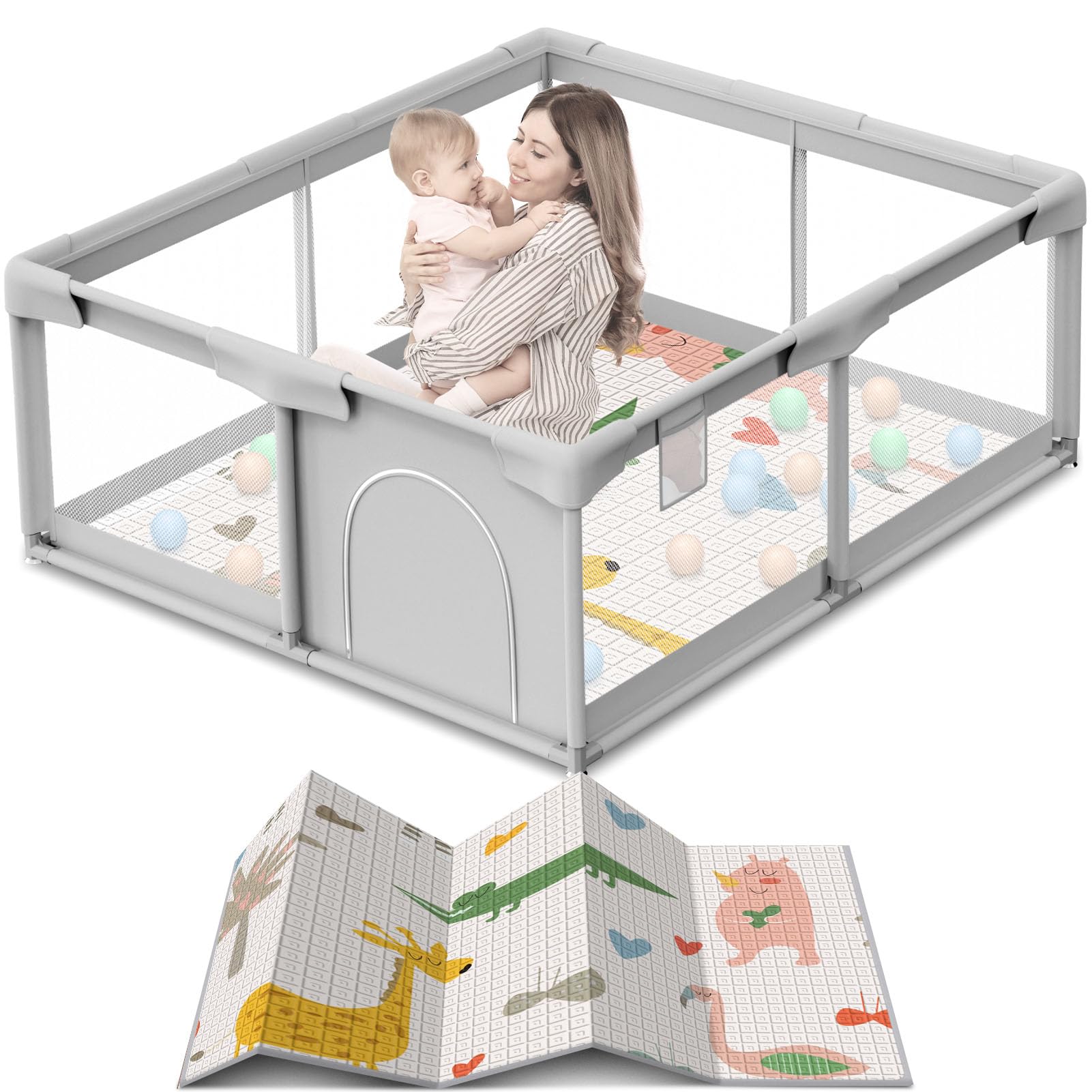 Baby Playpen 50x50 Inch Baby Playpen with Mat, Play Pen for Babies and Toddlers, Playard with Gate, Sturdy Safety Fence, Indoor & Outdoor Kids Activity Center